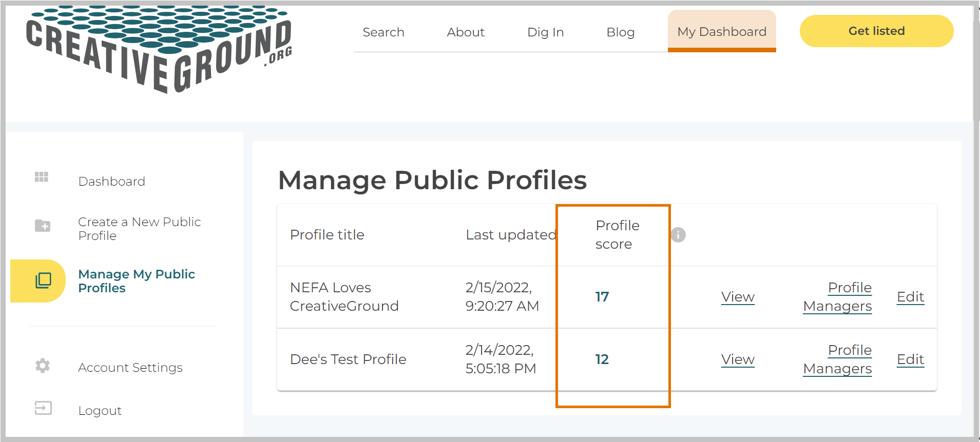 Screenshot shows where to profile score is visible on the user dasboard