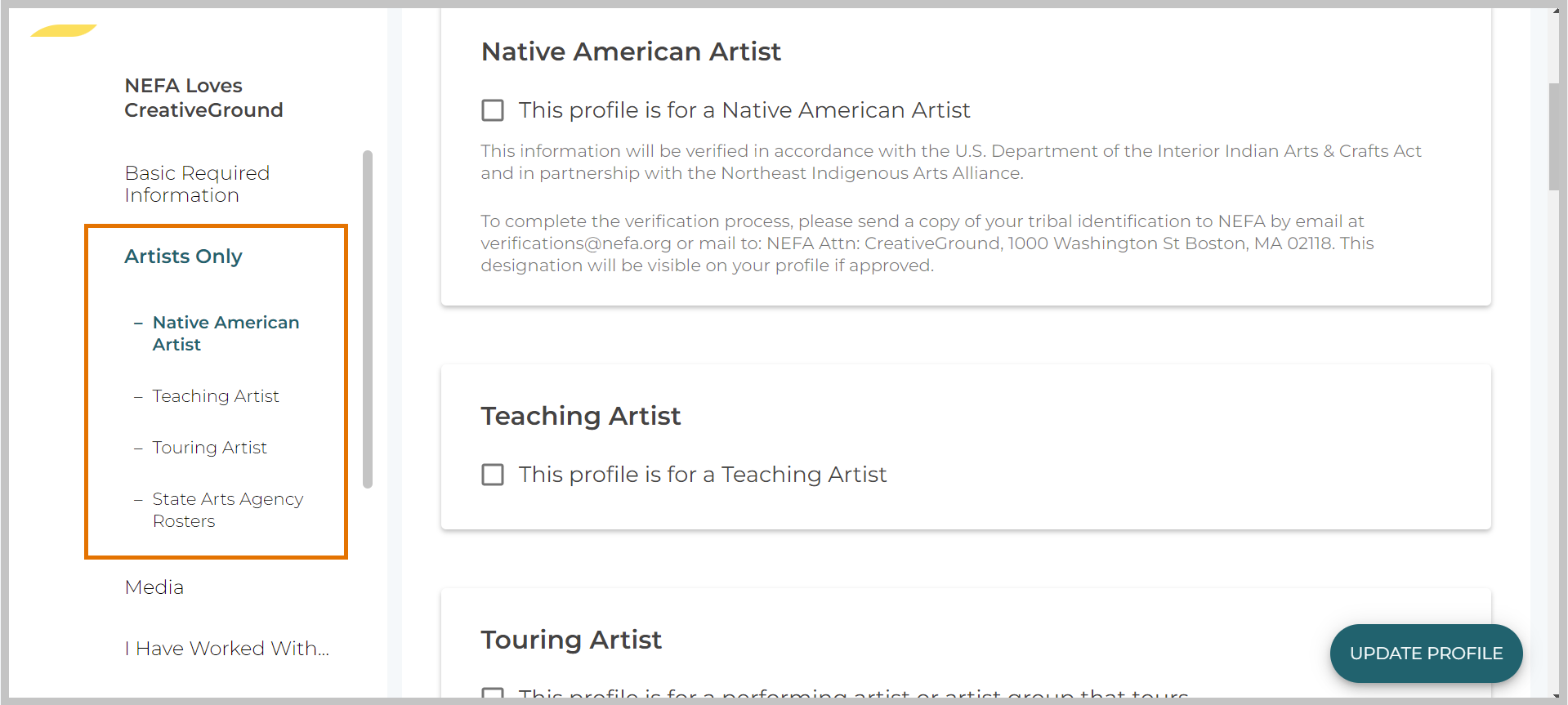 Screenshot shows Artist's Only section of profile