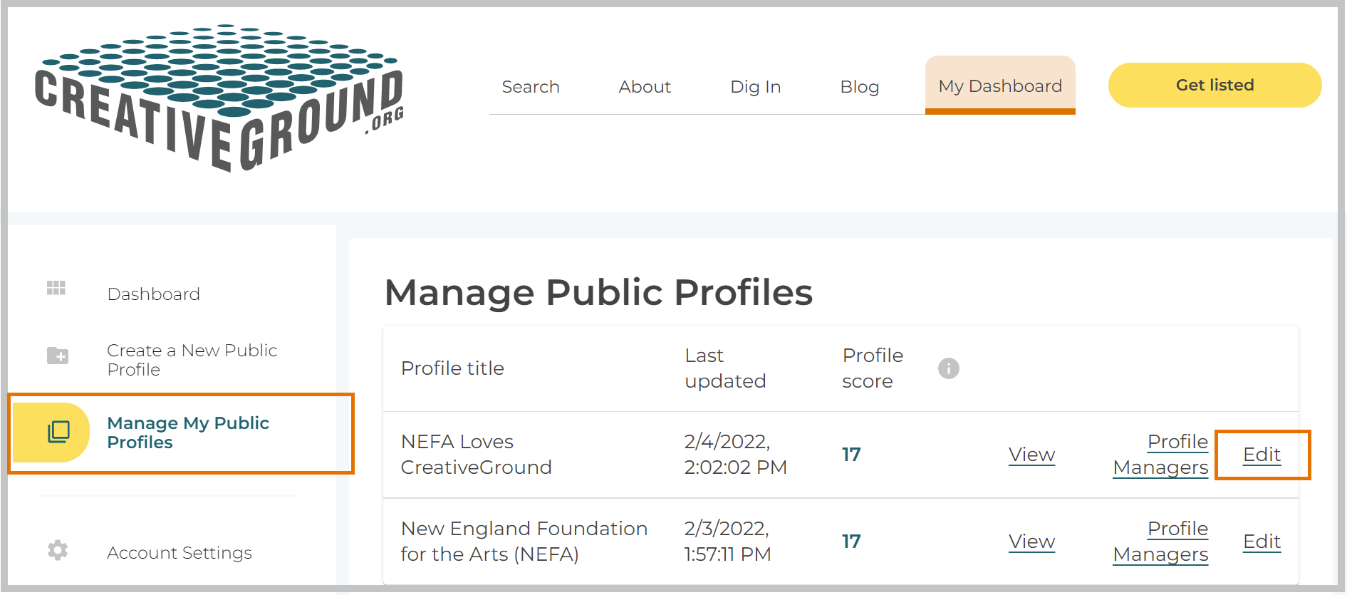 View of where to manage and update public profiles on the Dashboard