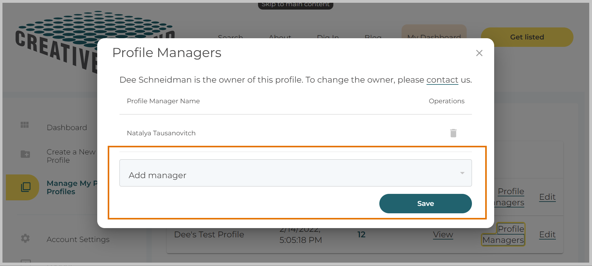 Screenshot showing where to add and remove profile managers