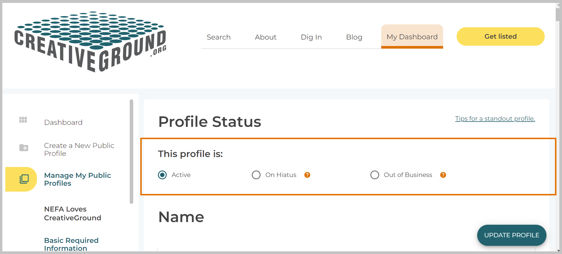 Screenshot showing that you can select Active, On Hiatus, or Out of Business status for a profile