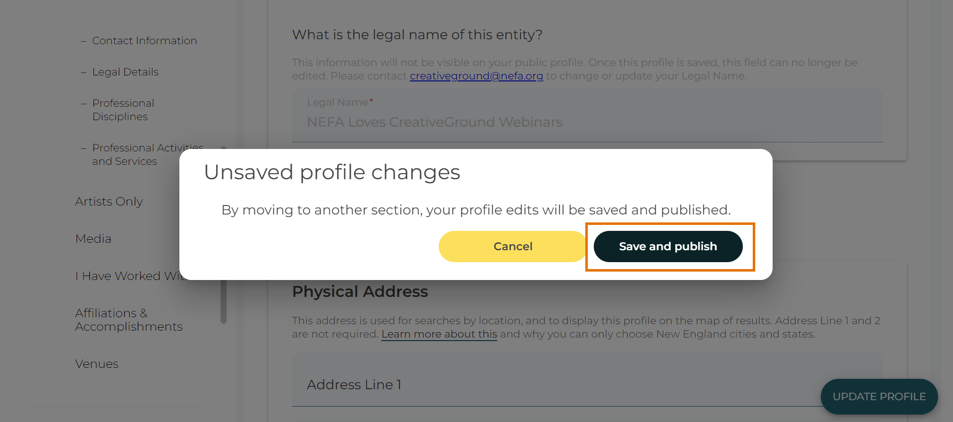 Screenshot of a popup that will warn you to save before moving to the next section of your profile