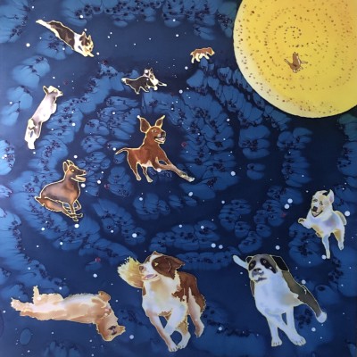 Dogs escorting souls to the light.  Golden Retriever must stop for a belly rub!