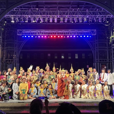 Angkor Dance Troupes performers collectively on stage after an epic performance of folk and classical dances at the Boarding House Park.